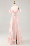 Off The Shoulder Blush arruffato una linea abito da damigella d'onore con fessura