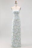 Blu Spaghetti Strap Raso Pastello Floreale Lungo Abito da damigella d'onore con tasche