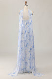 Senza spalline Blue Flower A-Line stampato abito da sposa ospite con fessura