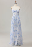 Senza spalline Blue Flower A-Line stampato abito da sposa ospite con fessura