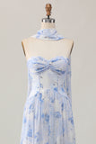 Senza spalline Blue Flower A-Line stampato abito da sposa ospite con fessura