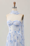 Senza spalline Blue Flower A-Line stampato abito da sposa ospite con fessura