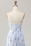 Senza spalline Blue Flower A-Line stampato abito da sposa ospite con fessura