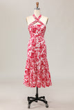 sirena capestro stampato fiore rosso midi abito da sposa ospite