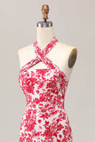 sirena capestro stampato fiore rosso midi abito da sposa ospite