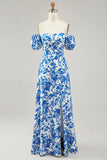 Off The Shoulder Blu Floreale Stampato Abito Da Sposa Ospite con Fessura