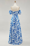 Off The Shoulder Blu Floreale Stampato Abito Da Sposa Ospite con Fessura