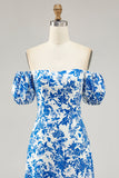 Off The Shoulder Blu Floreale Stampato Abito Da Sposa Ospite con Fessura