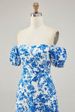 Off The Shoulder Blu Floreale Stampato Abito Da Sposa Ospite con Fessura
