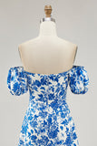 Off The Shoulder Blu Floreale Stampato Abito Da Sposa Ospite con Fessura
