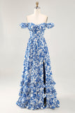 Off The Shoulder arruffato stampato blu abito da sposa ospite con fessura