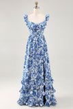 Off The Shoulder arruffato stampato blu abito da sposa ospite con fessura