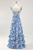 Off The Shoulder arruffato stampato blu abito da sposa ospite con fessura