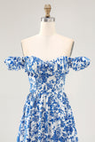 Off The Shoulder arruffato stampato blu abito da sposa ospite con fessura