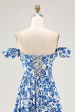 Off The Shoulder arruffato stampato blu abito da sposa ospite con fessura