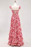 Off The Shoulder arruffato stampato blu abito da sposa ospite con fessura