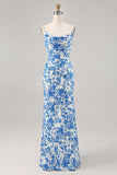 Blu fiore cappuccio collo sirena lungo abito da sposa ospite