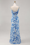Blu fiore cappuccio collo sirena lungo abito da sposa ospite