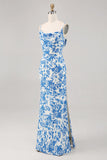 Blu fiore cappuccio collo sirena lungo abito da sposa ospite