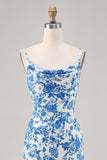 Blu fiore cappuccio collo sirena lungo abito da sposa ospite