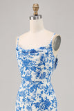 Blu fiore cappuccio collo sirena lungo abito da sposa ospite