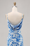 Blu fiore cappuccio collo sirena lungo abito da sposa ospite