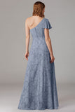 Dusty Blue A-Line una spalla abito da damigella d'onore con fessura