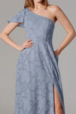 Dusty Blue A-Line una spalla abito da damigella d'onore con fessura