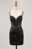 Vestito da cocktail con corsetto trasparente senza schienale verde scuro con paillettes