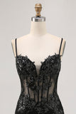 Vestito da cocktail con corsetto trasparente senza schienale verde scuro con paillettes