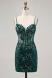 Vestito da cocktail con corsetto trasparente senza schienale verde scuro con paillettes