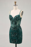 Vestito da cocktail con corsetto trasparente senza schienale verde scuro con paillettes