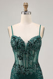 Vestito da cocktail con corsetto trasparente senza schienale verde scuro con paillettes