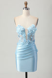 Sky Blue Satin Bodycon senza spalline paillettes breve Abito da cocktail con applique
