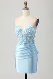 Sky Blue Satin Bodycon senza spalline paillettes breve Abito da cocktail con applique
