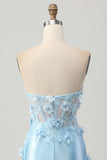 Sky Blue Satin Bodycon senza spalline paillettes breve Abito da cocktail con applique