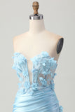 Sky Blue Satin Bodycon senza spalline paillettes breve Abito da cocktail con applique