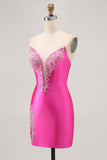 Fucsia senza spalline in rilievo Bodycon Abito da Cocktail con fessura