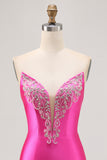 Fucsia senza spalline in rilievo Bodycon Abito da Cocktail con fessura