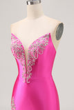 Fucsia senza spalline in rilievo Bodycon Abito da Cocktail con fessura