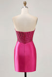 Scintillante Fucsia Corsetto Stretto Satin Abito da cocktail