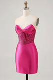 Scintillante Fucsia Corsetto Stretto Satin Abito da cocktail