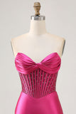 Scintillante Fucsia Corsetto Stretto Satin Abito da cocktail