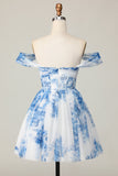 Bianco Blu Fiore Off The Shoulder A Line Abito da cocktail