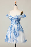Bianco Blu Fiore Off The Shoulder A Line Abito da cocktail
