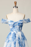 Bianco Blu Fiore Off The Shoulder A Line Abito da cocktail