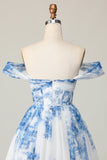Bianco Blu Fiore Off The Shoulder A Line Abito da cocktail