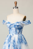 Bianco Blu Fiore Off The Shoulder A Line Abito da cocktail