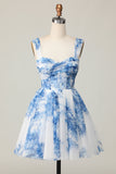 Bianco Blu Fiore Off The Shoulder A Line Abito da cocktail