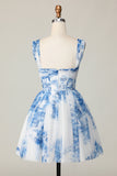 Bianco Blu Fiore Off The Shoulder A Line Abito da cocktail